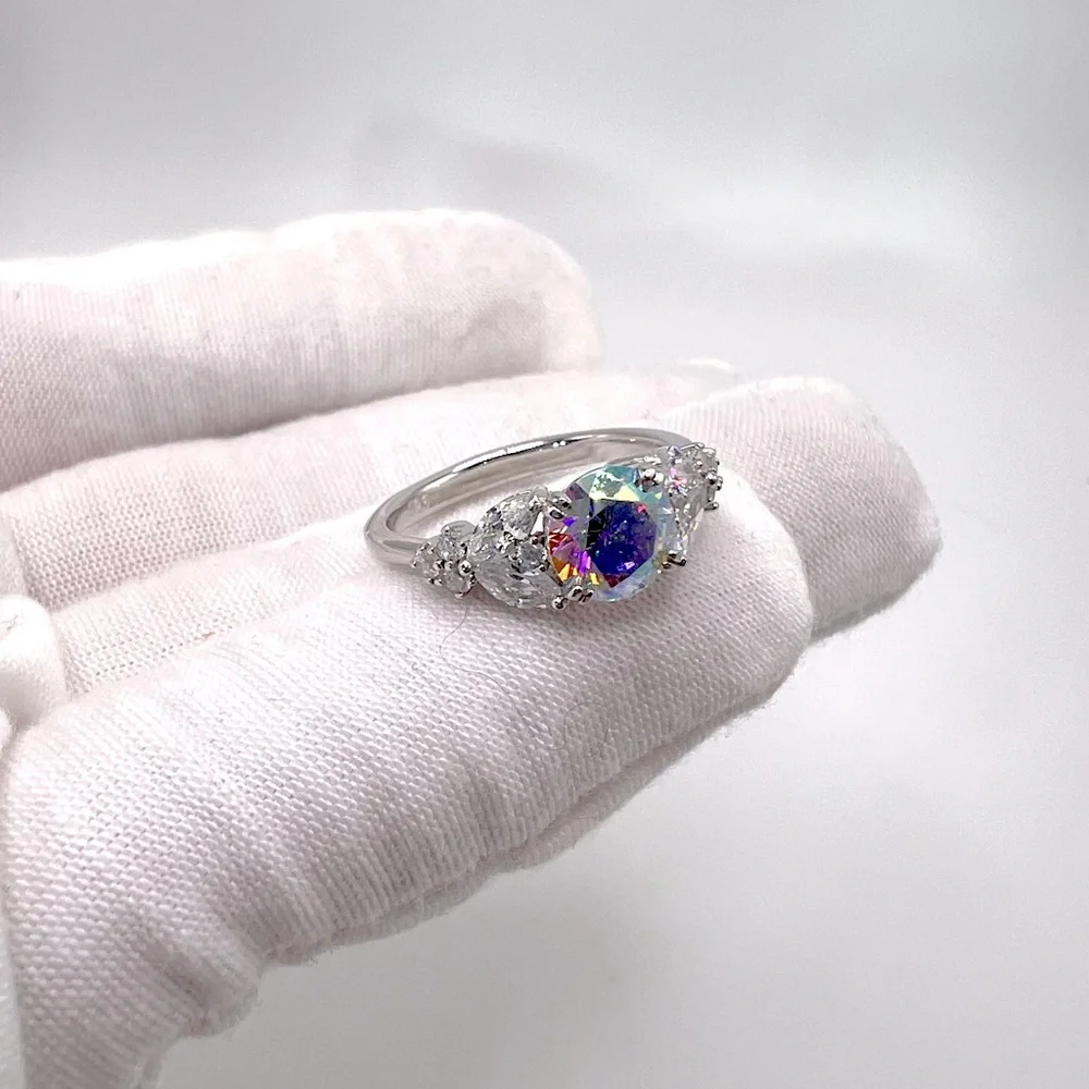 .925 Sterling Silver Iridescent Rainbow CZ Ring